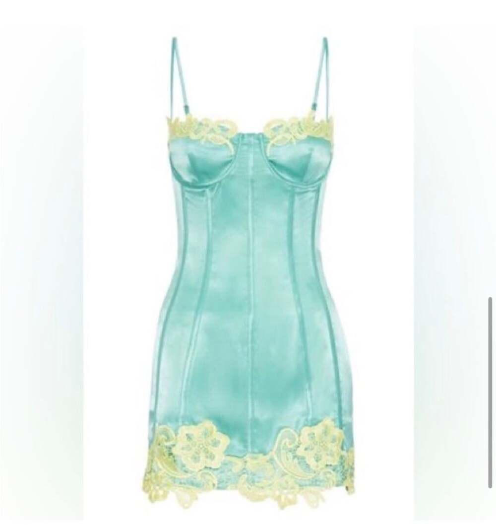 Meshki Tatiana Corset Mini Dress Turquoise Yellow Lace Party Bodycon NWT Small